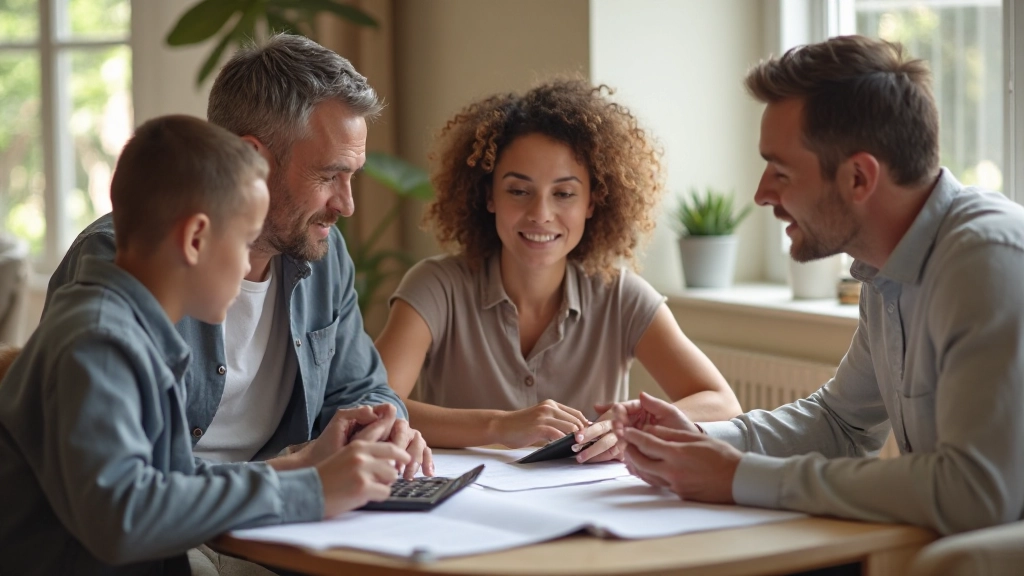 Семья обсуждает финансовые планы за столом в домашнем офисе