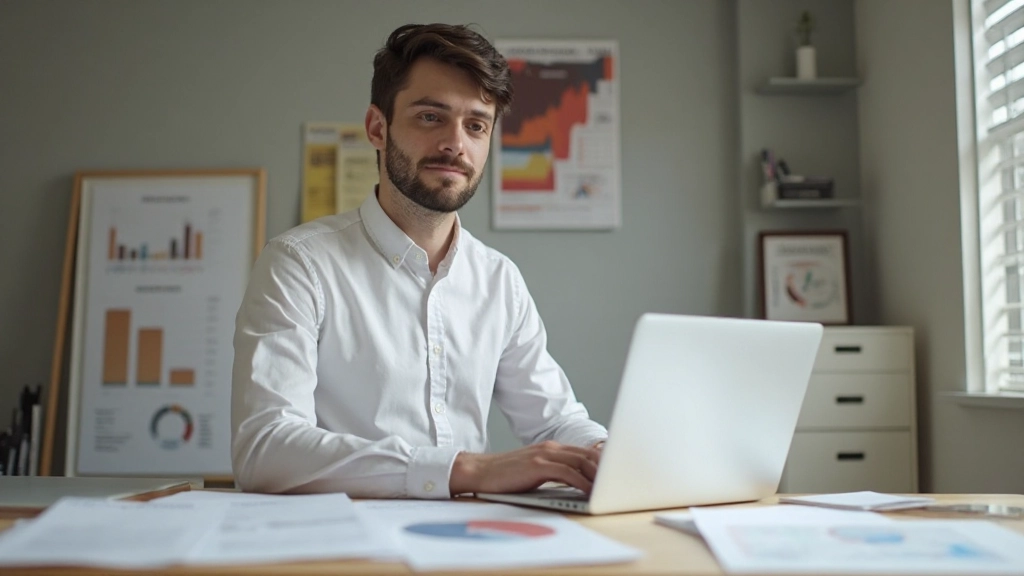Молодой профессионал планирует финансы с использованием ноутбука и финансовых документов