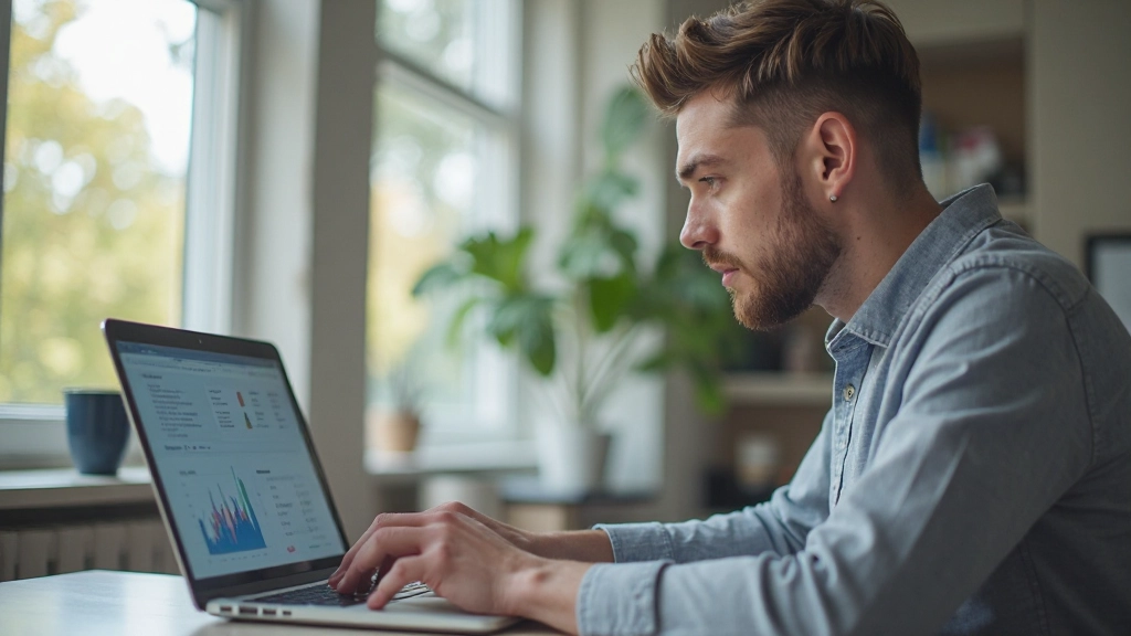 Молодой человек анализирует финансовые данные на экране ноутбука в домашнем офисе